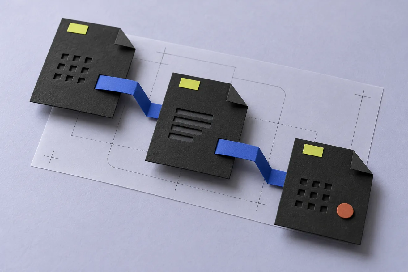 Graphite protocol cards joined by a cobalt paper path over a drafting sheet.